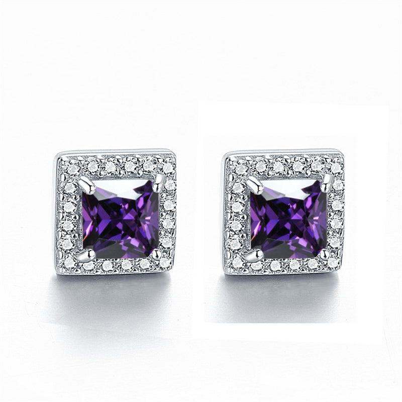 925 Sterling Silver Square "Hearts & Arrows" Zircon Stud Earrings – Premium Birthstone Collection