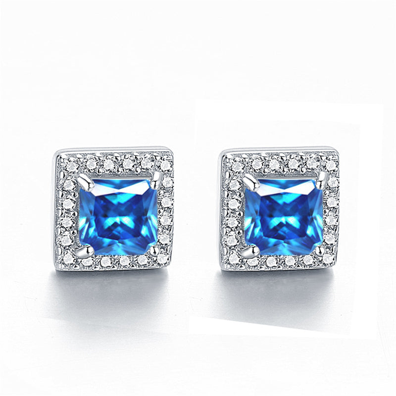 925 Sterling Silver Square "Hearts & Arrows" Zircon Stud Earrings – Premium Birthstone Collection