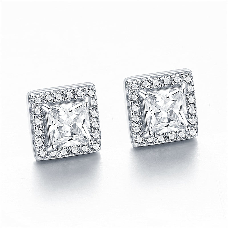 925 Sterling Silver Square "Hearts & Arrows" Zircon Stud Earrings – Premium Birthstone Collection