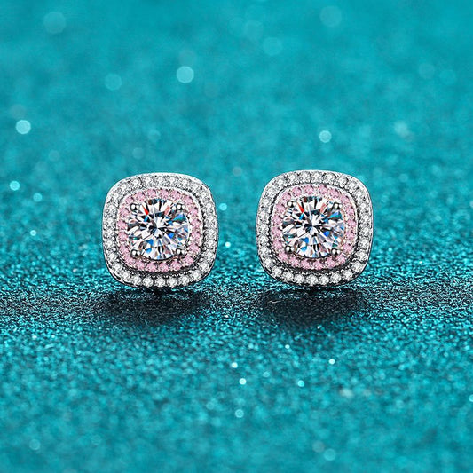 925 Sterling Silver Square Micro-Paved Moissanite Stud Earrings – Luxury Floral-Inspired Rose & Camellia Design