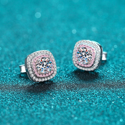 925 Sterling Silver Square Micro-Paved Moissanite Stud Earrings – Luxury Floral-Inspired Rose & Camellia Design