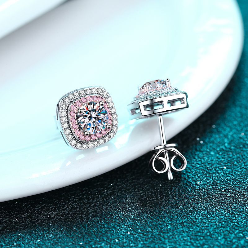 925 Sterling Silver Square Micro-Paved Moissanite Stud Earrings – Luxury Floral-Inspired Rose & Camellia Design
