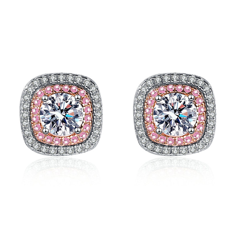 925 Sterling Silver Square Micro-Paved Moissanite Stud Earrings – Luxury Floral-Inspired Rose & Camellia Design