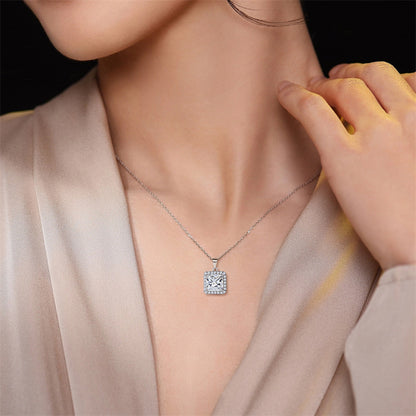 925 Sterling Silver Square Pendant Necklace - Contemporary Zircon Jewelry
