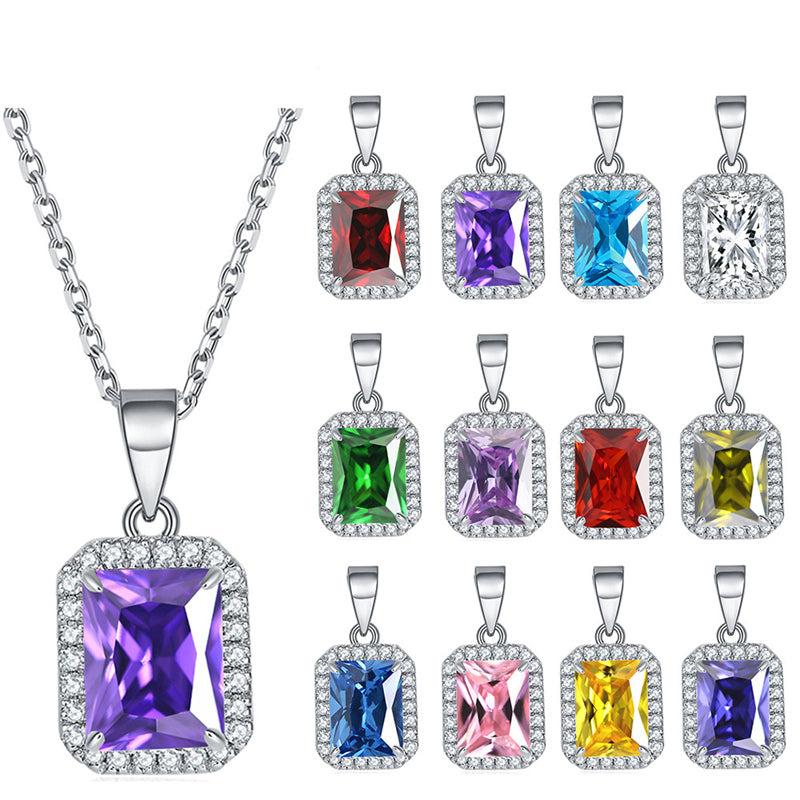 925 Sterling Silver Square Pendant Necklace - Modern Birthstone Jewelry