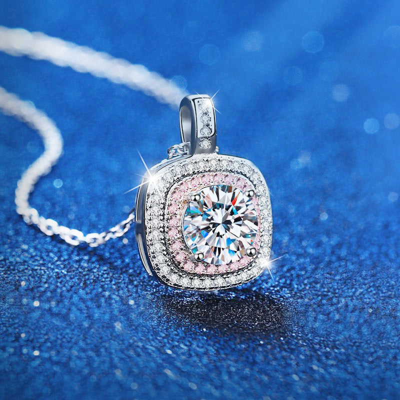 925 Sterling Silver Square Pendant Necklace with 1ct Moissanite Classic Chain Women's Minimalist Jewelry