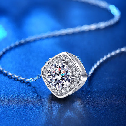 925 Sterling Silver Square Pendant Necklace with 1ct Moissanite Cross Chain Women's Korean Style Jewelry