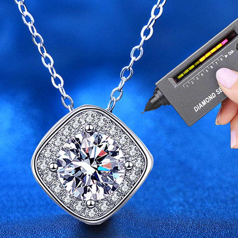 925 Sterling Silver Square Pendant Necklace with 1ct Moissanite Cross Chain Women's Korean Style Jewelry