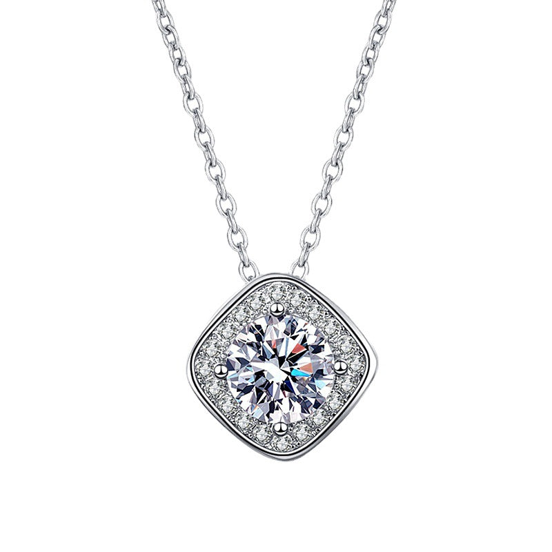 925 Sterling Silver Square Pendant Necklace with 1ct Moissanite Cross Chain Women's Korean Style Jewelry