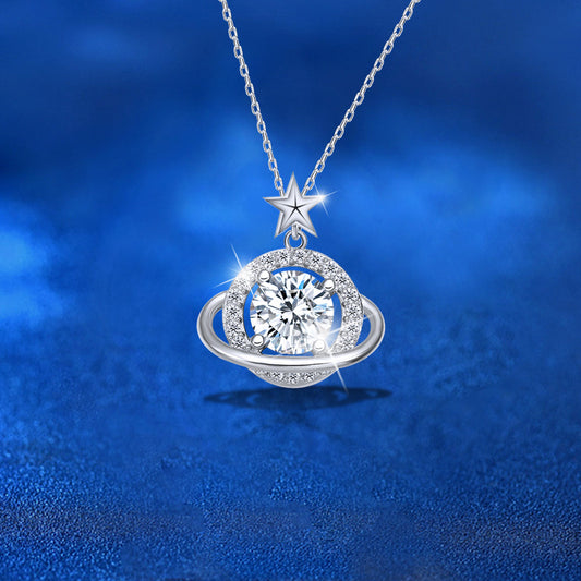925 Sterling Silver Star Planet Pendant Necklace with 1ct Moissanite Women's Light Luxury Jewelry