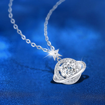 925 Sterling Silver Star Planet Pendant Necklace with 1ct Moissanite Women's Light Luxury Jewelry