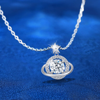 925 Sterling Silver Star Planet Pendant Necklace with 1ct Moissanite Women's Light Luxury Jewelry