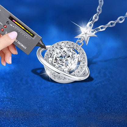 925 Sterling Silver Star Planet Pendant Necklace with 1ct Moissanite Women's Light Luxury Jewelry