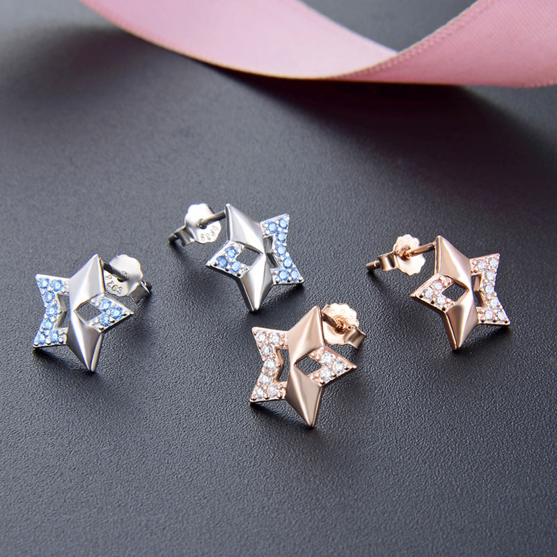 925 Sterling Silver Star Stud Earrings - White Gold/Rose Gold Plated Minimalist Geometric Earrings with Plastic Stoppers