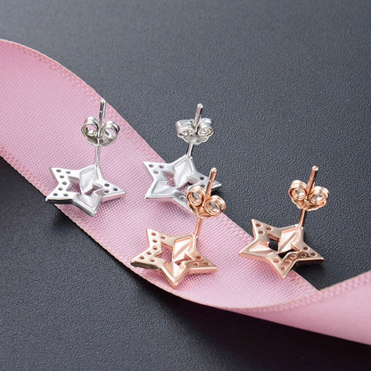 925 Sterling Silver Star Stud Earrings - White Gold/Rose Gold Plated Minimalist Geometric Earrings with Plastic Stoppers