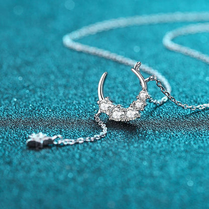 925 Sterling Silver Star & Moon Pendant Necklace - 0.4CT Moissanite Bohemian-Inspired Chain