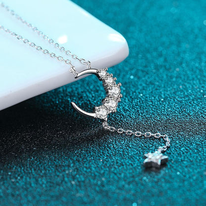 925 Sterling Silver Star & Moon Pendant Necklace - 0.4CT Moissanite Bohemian-Inspired Chain