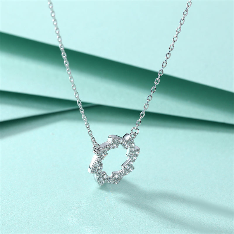 925 Sterling Silver Star & Snowflower Pendant Necklace - Celestial Zirconia Collarbone Chain