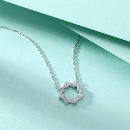 925 Sterling Silver Star & Snowflower Pendant Necklace - Celestial Zirconia Collarbone Chain