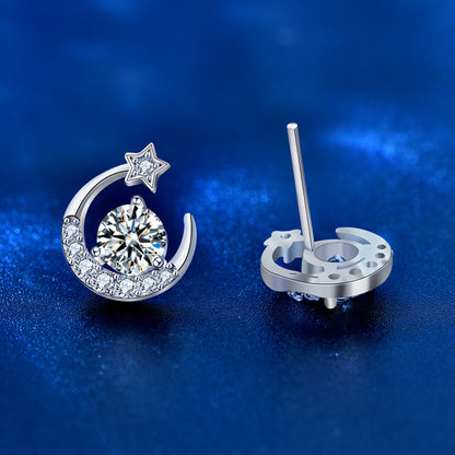 925 Sterling Silver Star and Moon Stud Earrings with 0.5ct Moissanite Micro-Paved Luxurious Minimalist Jewelry for Women