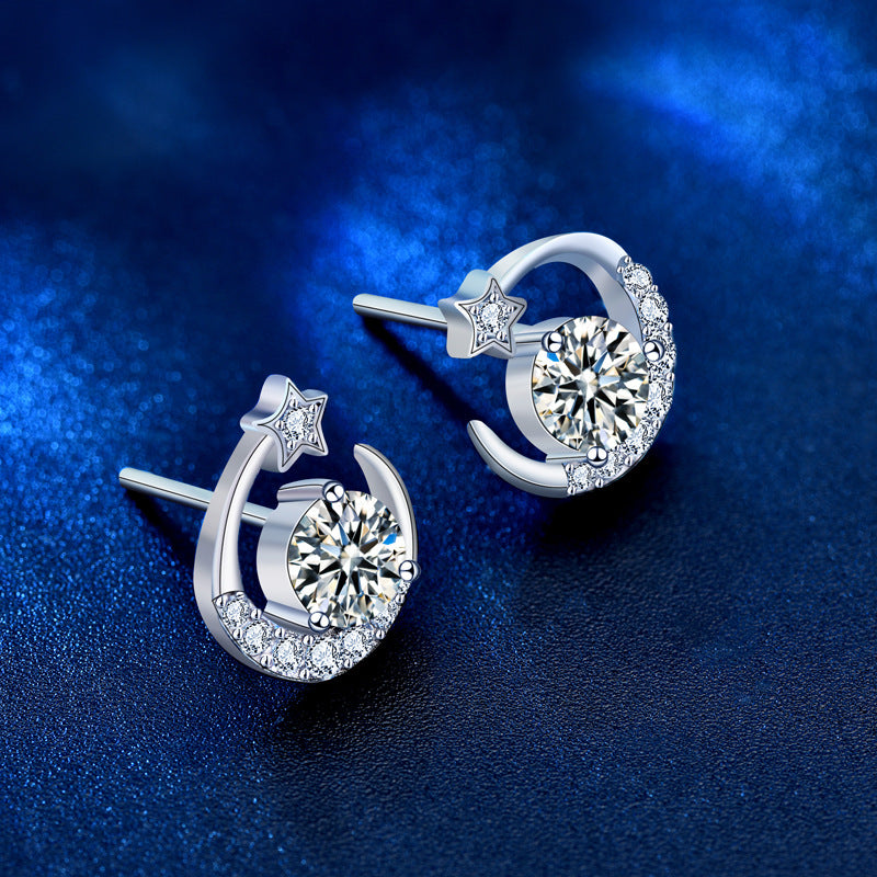 925 Sterling Silver Star and Moon Stud Earrings with 0.5ct Moissanite Micro-Paved Luxurious Minimalist Jewelry for Women
