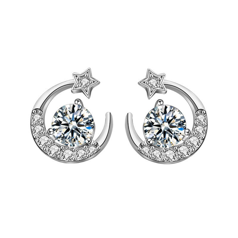 925 Sterling Silver Star and Moon Stud Earrings with 0.5ct Moissanite Micro-Paved Luxurious Minimalist Jewelry for Women