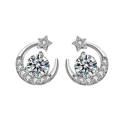 925 Sterling Silver Star and Moon Stud Earrings with 0.5ct Moissanite Micro-Paved Luxurious Minimalist Jewelry for Women