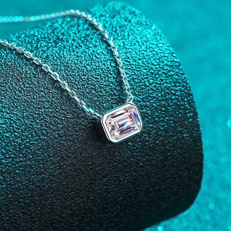 925 Sterling Silver Sugar Cube Pendant Necklace - 1CT Emerald Cut Moissanite PT950-Plated Chain