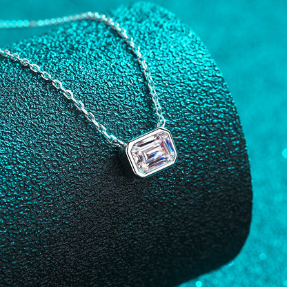 925 Sterling Silver Sugar Cube Pendant Necklace - 1CT Emerald Cut Moissanite PT950-Plated Chain