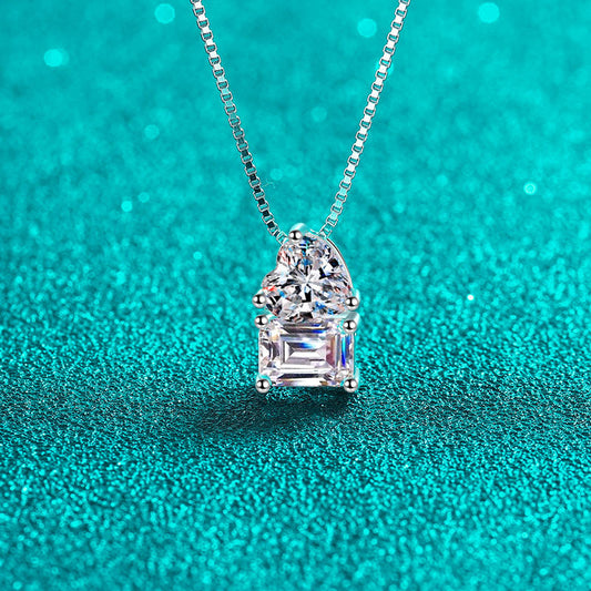 925 Sterling Silver Sugar Cube Pendant Necklace - 2CT Emerald/Radiant Cut Moissanite Heart Lock Collarbone Chain