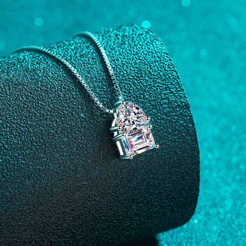 925 Sterling Silver Sugar Cube Pendant Necklace - 2CT Emerald/Radiant Cut Moissanite Heart Lock Collarbone Chain