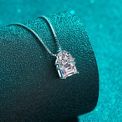 925 Sterling Silver Sugar Cube Pendant Necklace - 2CT Emerald/Radiant Cut Moissanite Heart Lock Collarbone Chain