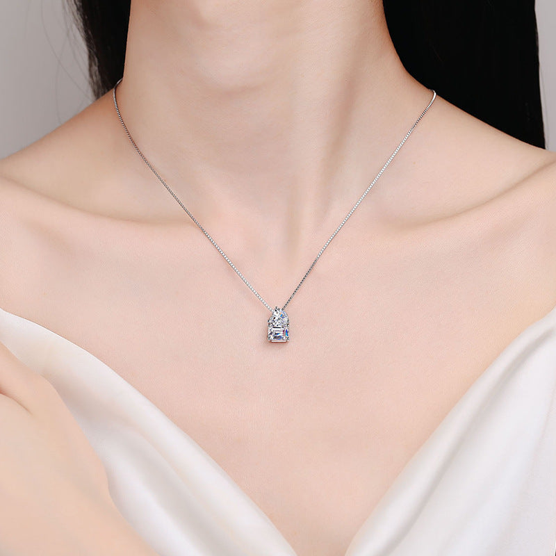 925 Sterling Silver Sugar Cube Pendant Necklace - 2CT Emerald/Radiant Cut Moissanite Heart Lock Collarbone Chain