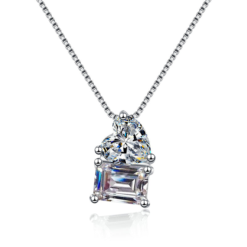 925 Sterling Silver Sugar Cube Pendant Necklace - 2CT Emerald/Radiant Cut Moissanite Heart Lock Collarbone Chain