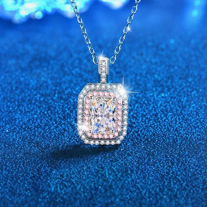 925 Sterling Silver Sugar Cube Pendant Necklace with 1ct 5*7mm Moissanite & Cross Chain - Rhodium Plated Women's Versatile Jewelry