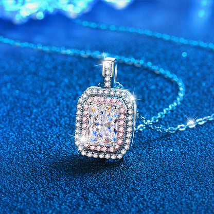 925 Sterling Silver Sugar Cube Pendant Necklace with 1ct 5*7mm Moissanite & Cross Chain - Rhodium Plated Women's Versatile Jewelry