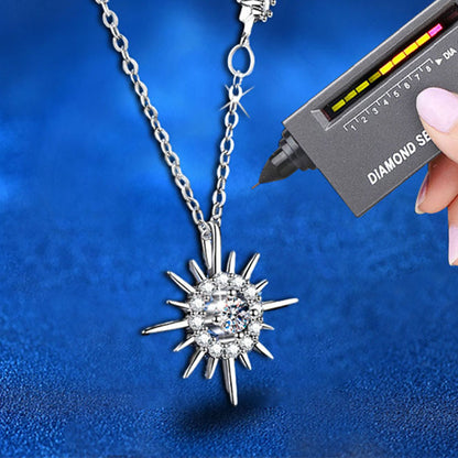 925 Sterling Silver Sun Star Pendant Necklace with Moissanite and Zircon Cross Chain Women's Rhodium Plated Chic Jewelry