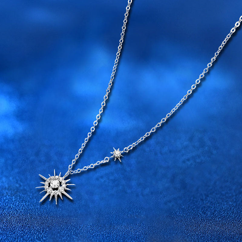 925 Sterling Silver Sun Star Pendant Necklace with Moissanite and Zircon Cross Chain Women's Rhodium Plated Chic Jewelry