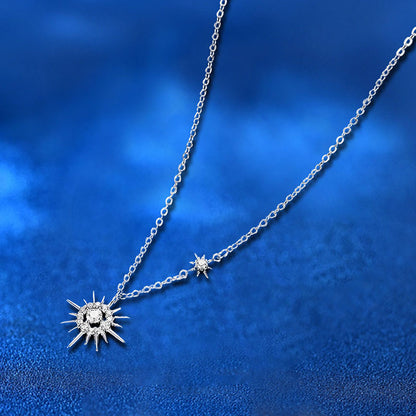925 Sterling Silver Sun Star Pendant Necklace with Moissanite and Zircon Cross Chain Women's Rhodium Plated Chic Jewelry