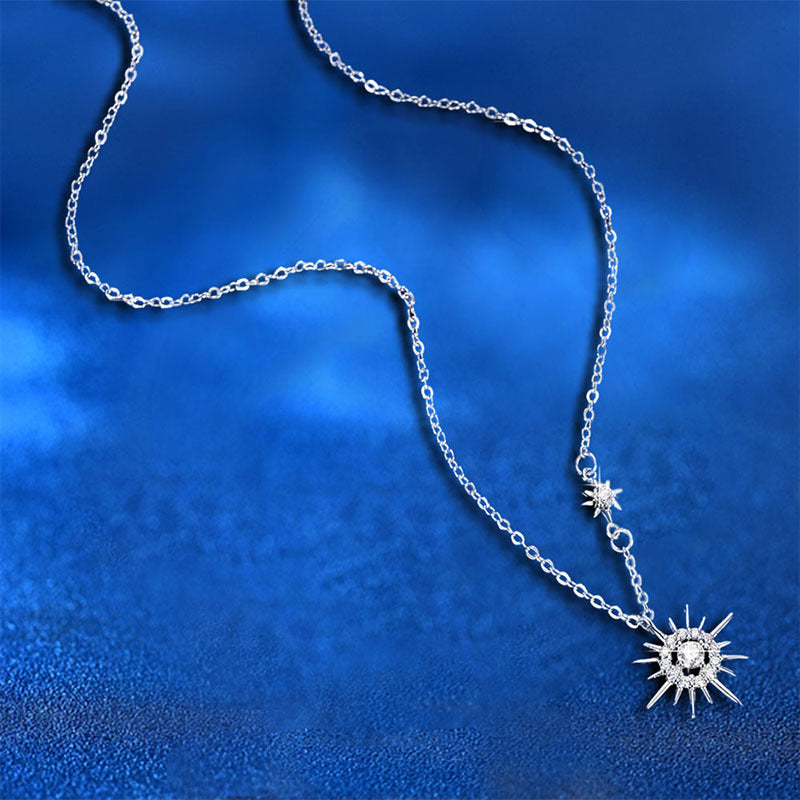 925 Sterling Silver Sun Star Pendant Necklace with Moissanite and Zircon Cross Chain Women's Rhodium Plated Chic Jewelry