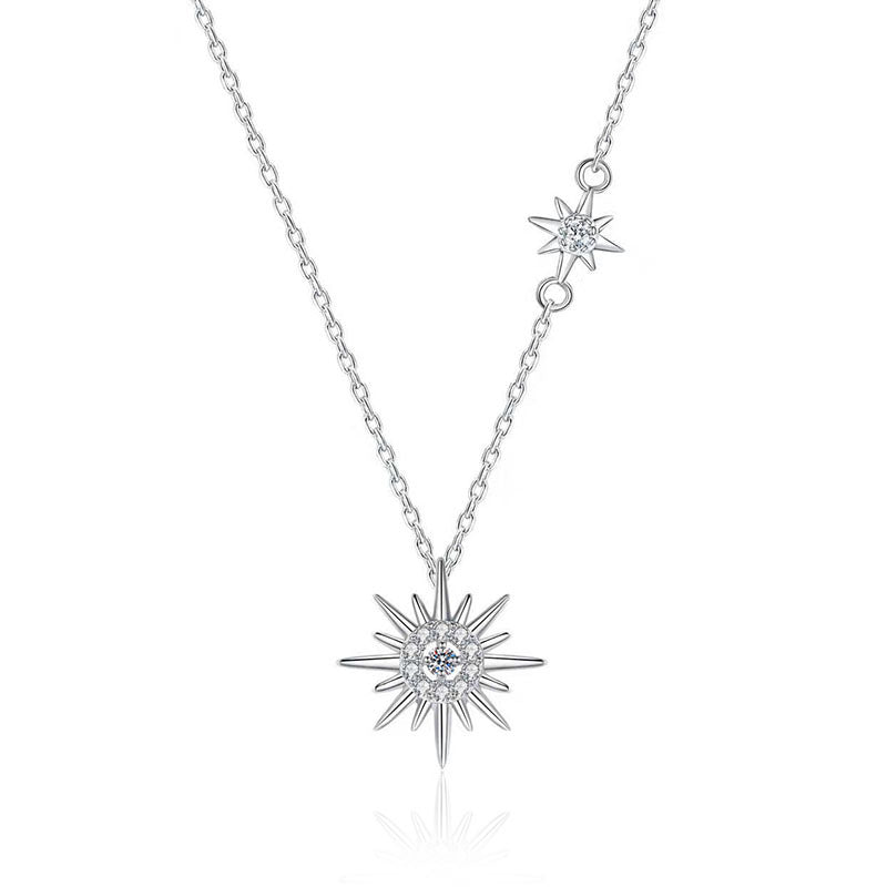 925 Sterling Silver Sun Star Pendant Necklace with Moissanite and Zircon Cross Chain Women's Rhodium Plated Chic Jewelry