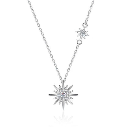 925 Sterling Silver Sun Star Pendant Necklace with Moissanite and Zircon Cross Chain Women's Rhodium Plated Chic Jewelry