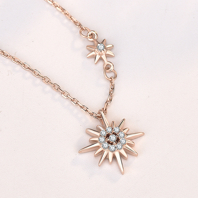925 Sterling Silver Sun and Star Pendant Necklace with Zircon Cross Chain Women's Nature Inspired Jewelry
