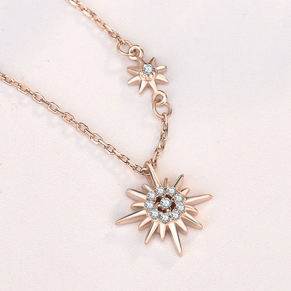 925 Sterling Silver Sun and Star Pendant Necklace with Zircon Cross Chain Women's Nature Inspired Jewelry