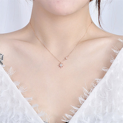 925 Sterling Silver Sun and Star Pendant Necklace with Zircon Cross Chain Women's Nature Inspired Jewelry