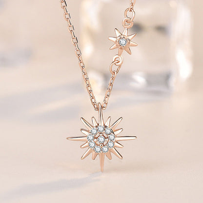 925 Sterling Silver Sun and Star Pendant Necklace with Zircon Cross Chain Women's Nature Inspired Jewelry