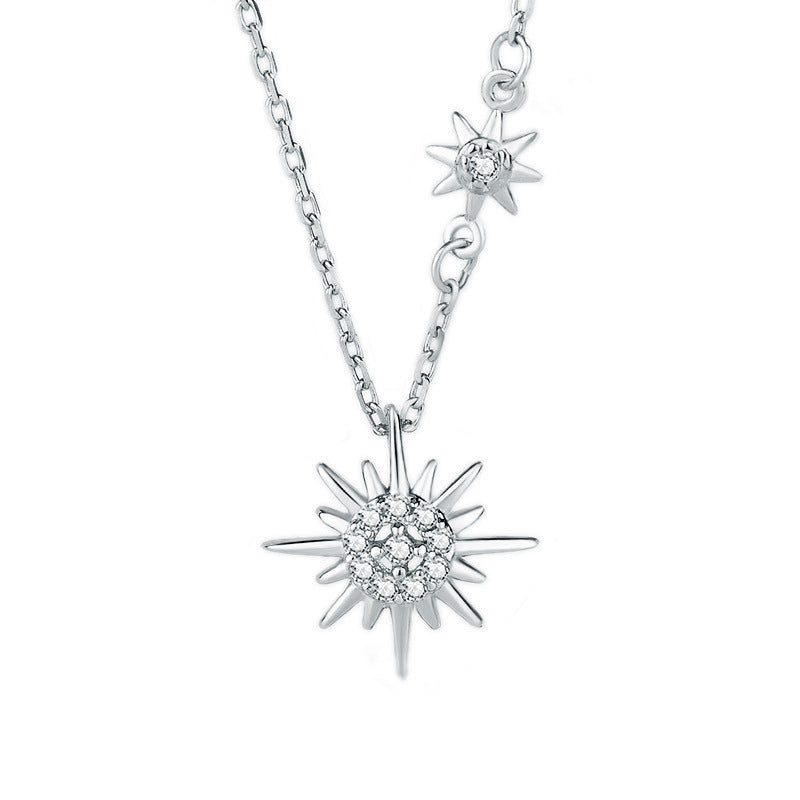 925 Sterling Silver Sun and Star Pendant Necklace with Zircon Cross Chain Women's Nature Inspired Jewelry