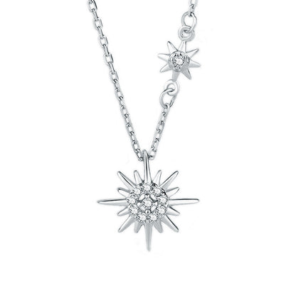 925 Sterling Silver Sun and Star Pendant Necklace with Zircon Cross Chain Women's Nature Inspired Jewelry