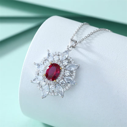 925 Sterling Silver Sunburst Octagram Pendant Necklace - Red Zirconia & Gemstone Collarbone Chain