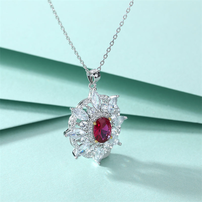 925 Sterling Silver Sunburst Octagram Pendant Necklace - Red Zirconia & Gemstone Collarbone Chain
